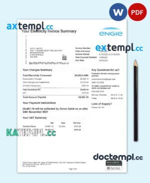 sample UNITED KINGDOM ENGIE utility bill Word and PDF template download