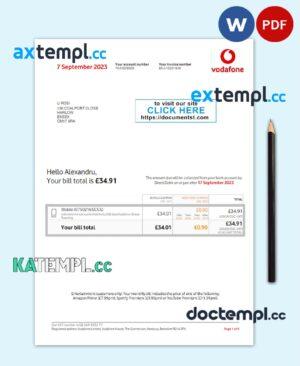 sample UNITED KINGDOM VODAFONE utility bill Word and PDF template download
