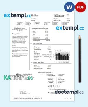 sample USA ALEXANDRIA utility bill Word and PDF template download