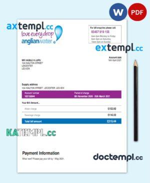 sample USA ANGLIAN WATER utility bill Word and PDF template download