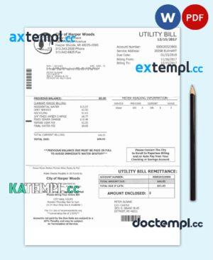 sample USA CITY OF HARPER WOODS utility bill Word and PDF template download