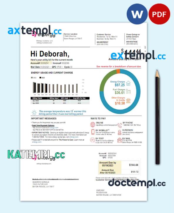 sample USA ENTERGY utility bill Word and PDF template download