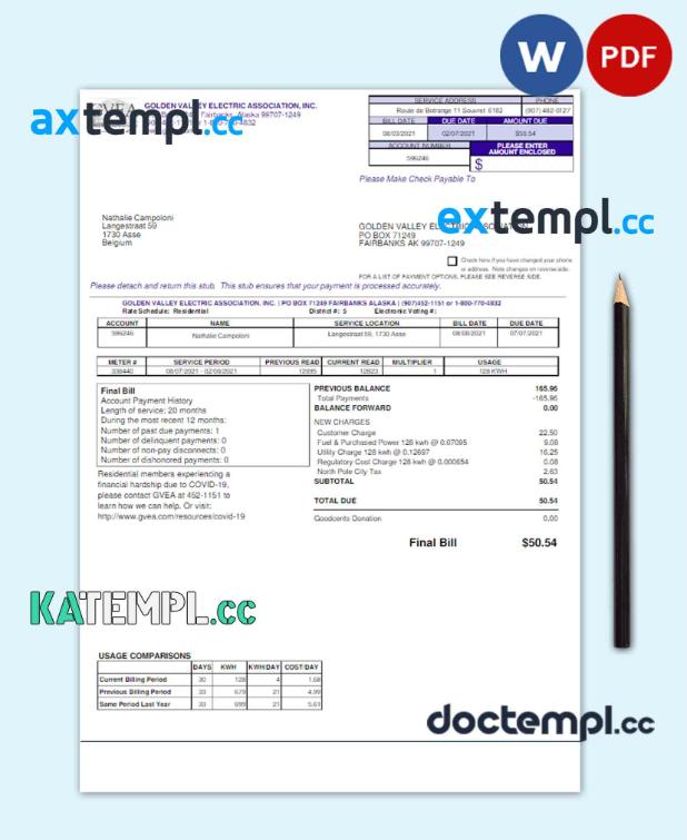 sample USA GVEA utility bill Word and PDF template download