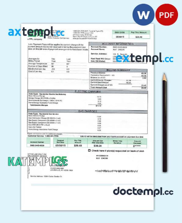 sample USA LG&E utility bill Word and PDF template download