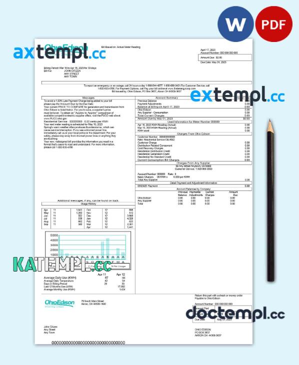 sample USA Ohio Edison utility bill Word and PDF template download