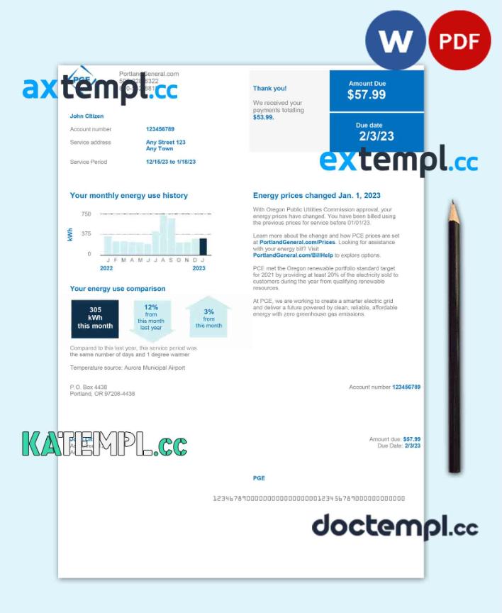 sample USA PGE utility bill Word and PDF template download