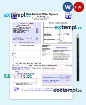 sample USA SAN ANTONIO WATER SYSTEM utility bill Word and PDF template download