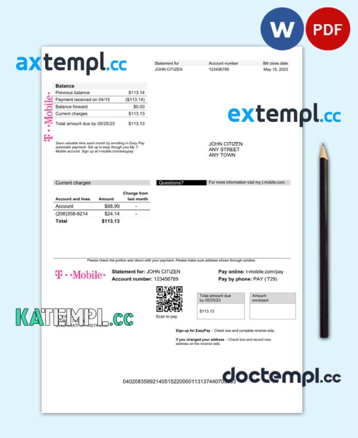 sample USA T-Mobile utility bill Word and PDF template download