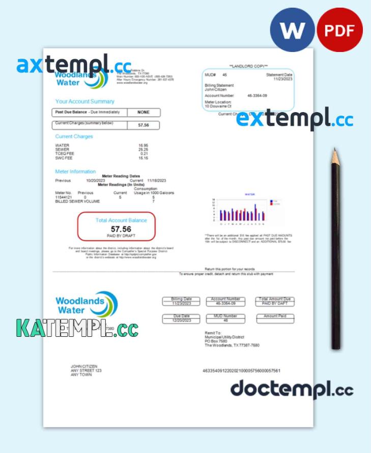 sample USA Woodlands Water utility bill Word and PDF template download