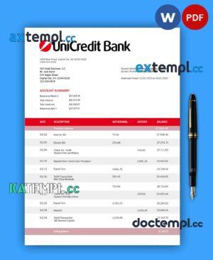 sample UNICREDIT Bank corporate statement Word and PDF template download