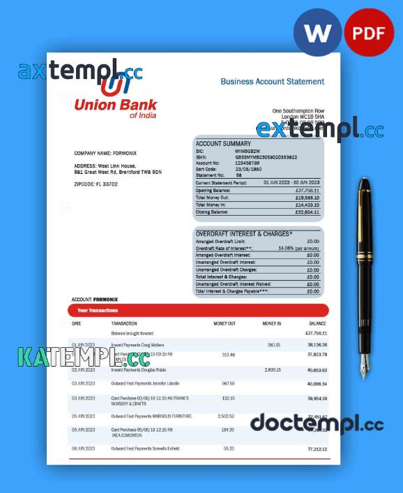 sample UNION Bank of India business statement Word and PDF template download