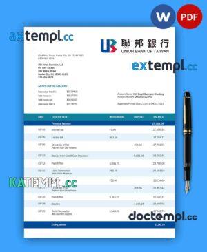 sample Union Bank of Taiwan company account statement Word and PDF template download