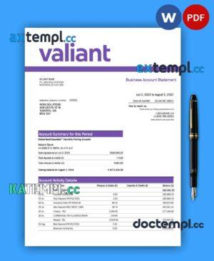sample Valiant Bank enterprise account statement Word and PDF template download