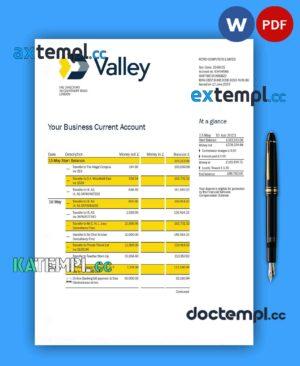 sample VALLEY National Bank business statement Word and PDF template download