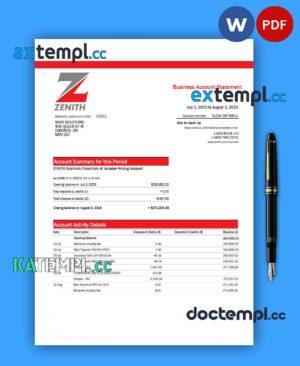 sample Zenith Bank business checking account statement Word and PDF template download