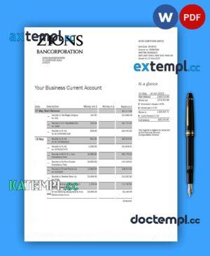sample Zions Bancorporation Bank business checking account statement Word and PDF template download