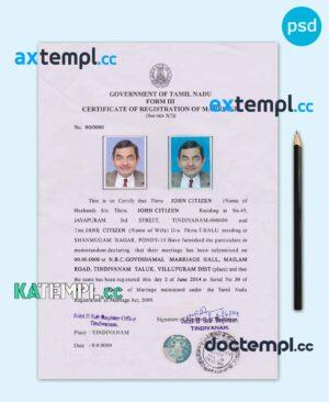 sample India (Tamil Nadu) marriage certificate PSD template, with fonts download