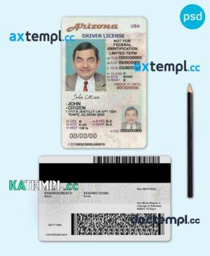 sample USA Arizona state vertical driving license editable PSD template, under 21 download
