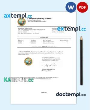 sample USA California State Document Autentication certificate Word and PDF download