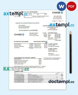 sample USA Chase bank Mastercard card statement easy to fill template in Word and PDF format download