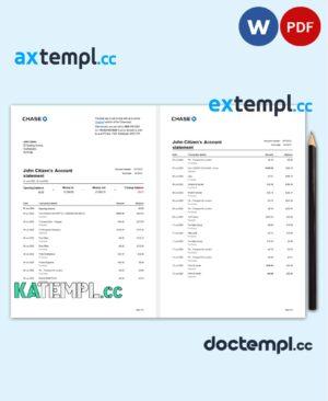 sample USA Chase bank account statement Word and PDF template, 6 pages download