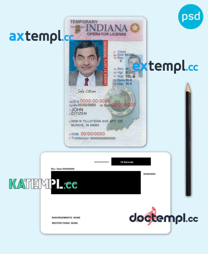 sample USA Indiana state vertical driving license (operator) editable PSD template, under 21 download