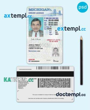 sample USA Michigan state vertical driving license editable PSD template, under 21 download