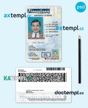 sample USA Pennsylvania state vertical driving license editable PSD template, under 21 download