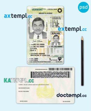 sample USA Vermont state vertical driving license editable PSD template, under 21 download