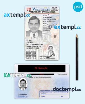 sample USA Wisconsin state vertical driving license editable PSD template, under 21 download