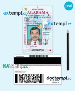 sample USA Alabama state vertical driving license editable PSD template, under 21 download