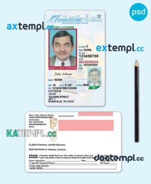sample USA Tennessee state vertical driving license editable PSD template, under 21 download