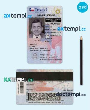 sample USA Texas state vertical driving license editable PSD template, under 21 download