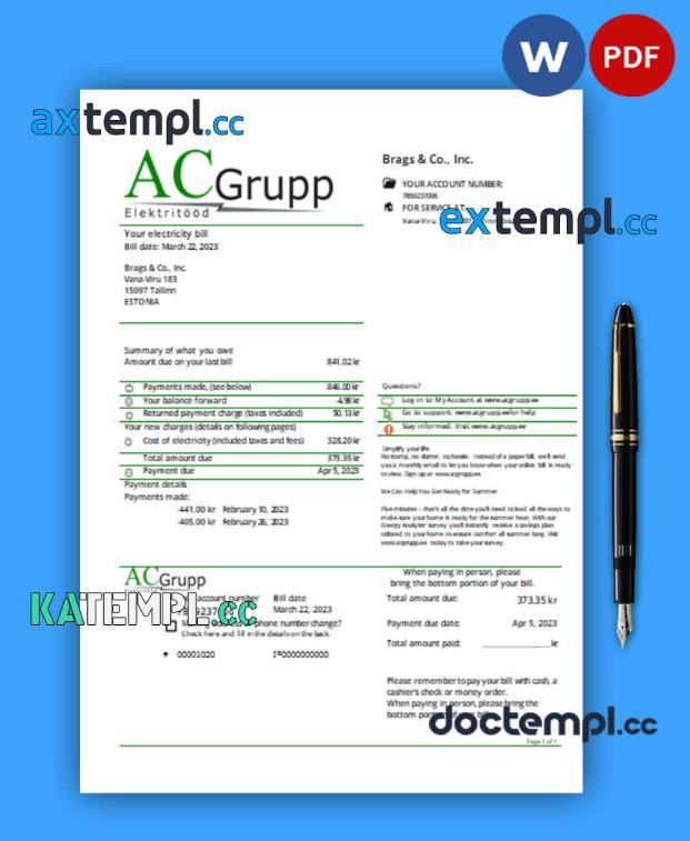 sample AC Grupp OÜ electricity business utility bill,PDF and WORD template download