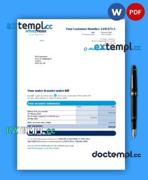 sample Affinity Water business utility bill, Word and PDF template, 4 pages, version 3 download