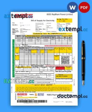 sample BSES Rajdhani Power Limited electricity business utility bill, Word and PDF template download