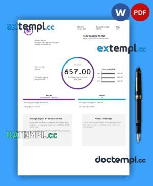 sample BT telecommunications business utility bill, Word and PDF template, version 2 download