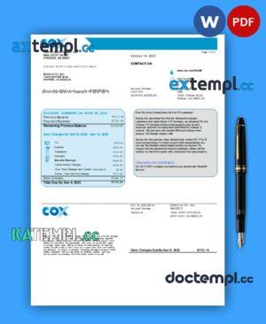 sample COX utility business bill, Word and PDF template, 2 pages download