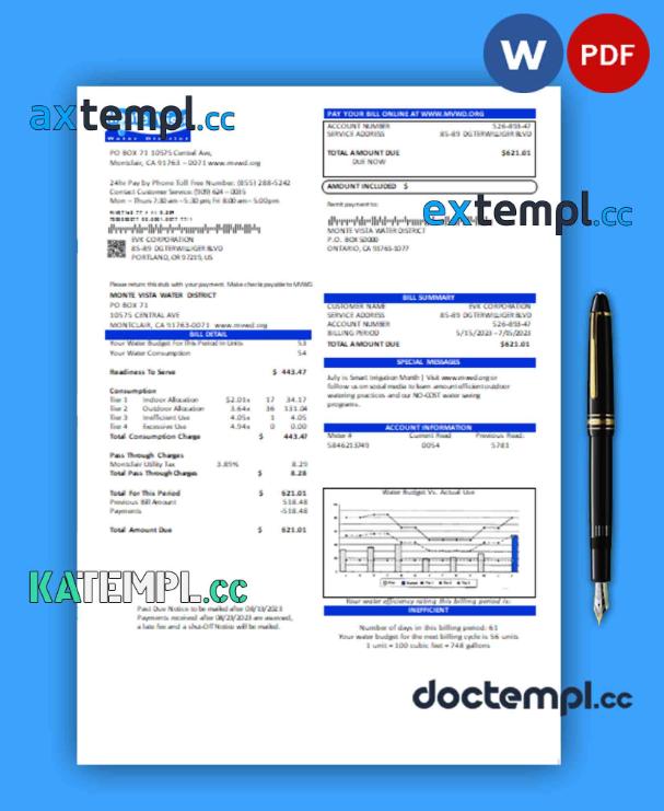 sample California Monte Vista Water District business utility bill, Word and PDF template download