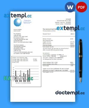 sample Connecticut Light & Power electricity business utility bill, PDF and WORD template download