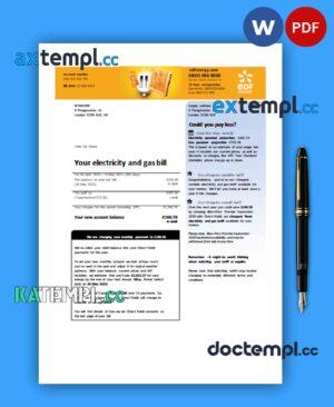 sample EDF (UK) business utility bill, Word and PDF template download
