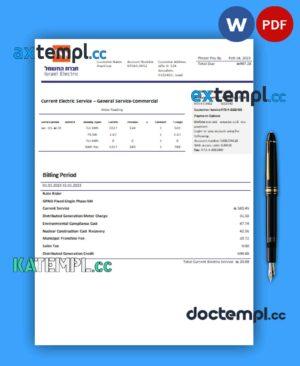 sample Electric Corporation business utility bill, Word and PDF template download