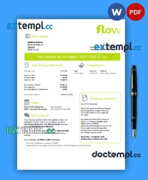 sample Flow Energy business utility bill, Word and PDF template download