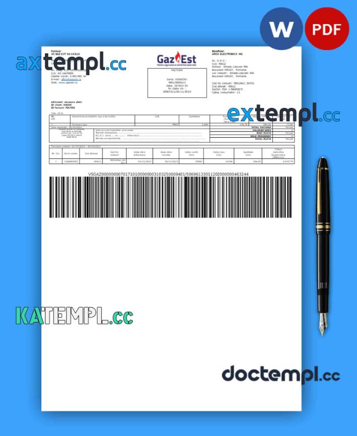 sample Gaz Est S.A. business utility bill, Word and PDF template download