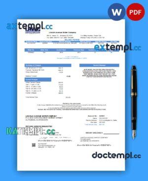 sample Lincoln Avenue Water Company business utility bill, Word and PDF template download