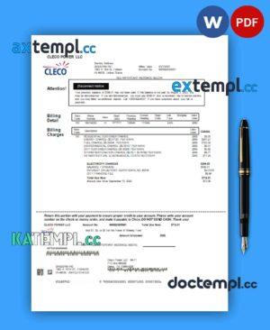 sample Louisiana Cleco Power electricity business utility bill, Word and PDF template, 2 pages download