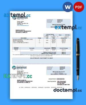 sample Lowa City of Davenport business utility bill, PDF and Word template download