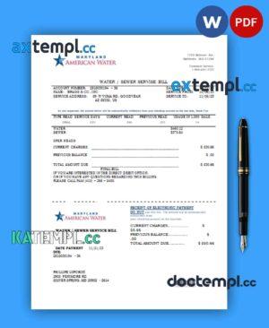 sample Maryland American Water Co business utility bill, PDF and WORD template download
