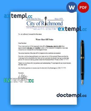 sample Michigan City of Richmond water shut off notice business utility bill, PDF and WORD template download