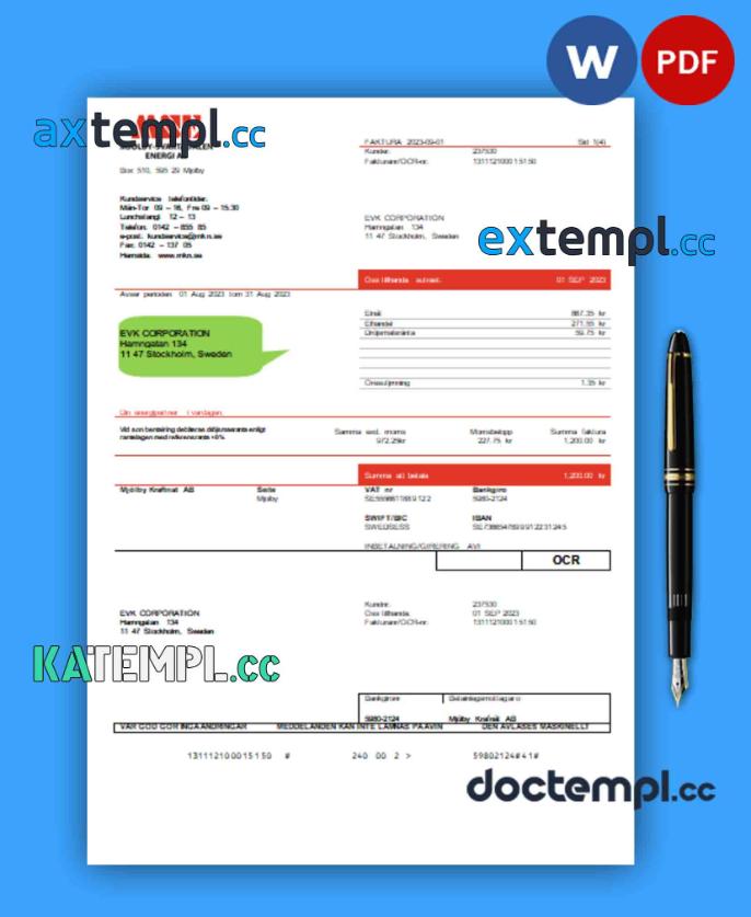 sample Mjölby Kraftnat AB business utility bill, Word and PDF template download